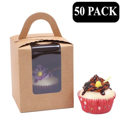 Clear Bakery Pastry Brown Kraft Paper Single Cupcake Boxes With Window And Handle Wholesale